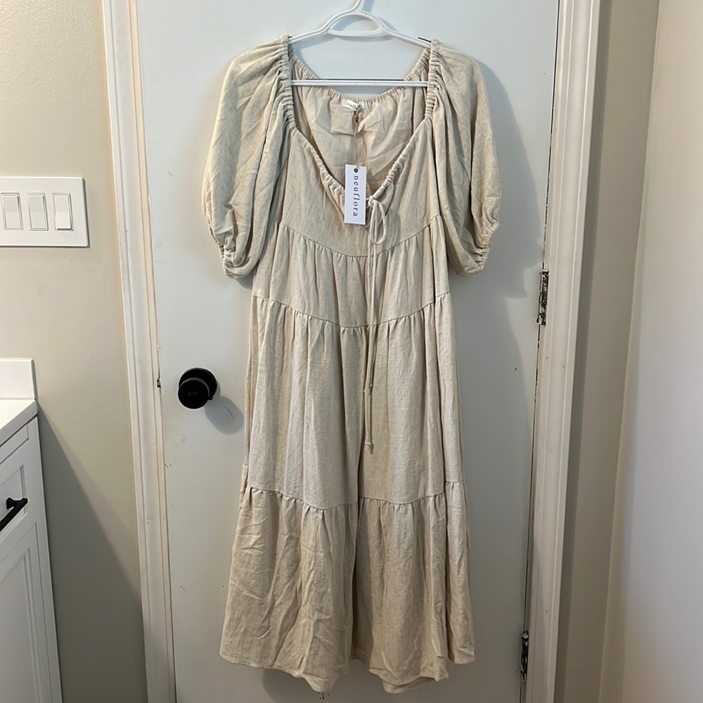 Neuflora Cream Midi Dress with Puff Sleeves